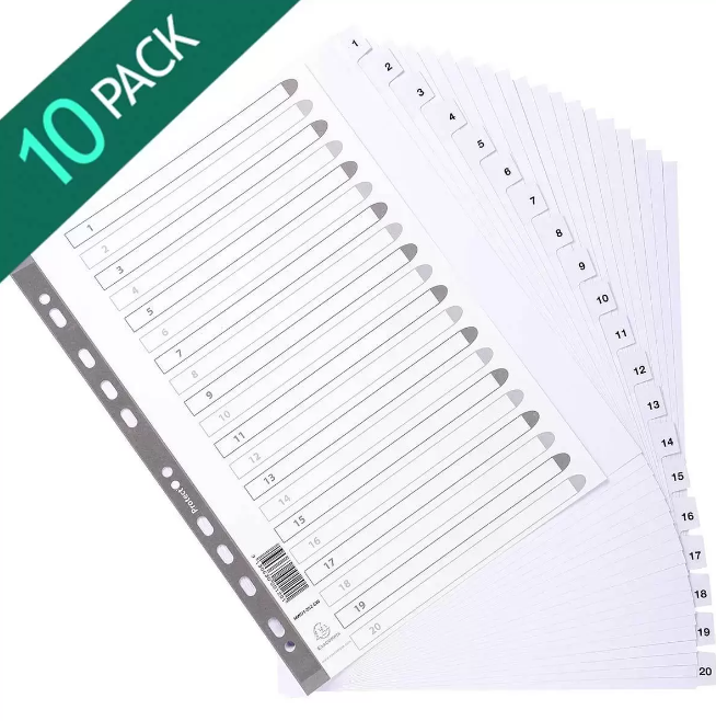 Exacompta A4 1-20 White 20 Tabs Dividers (10 Packs of 20 Dividers)