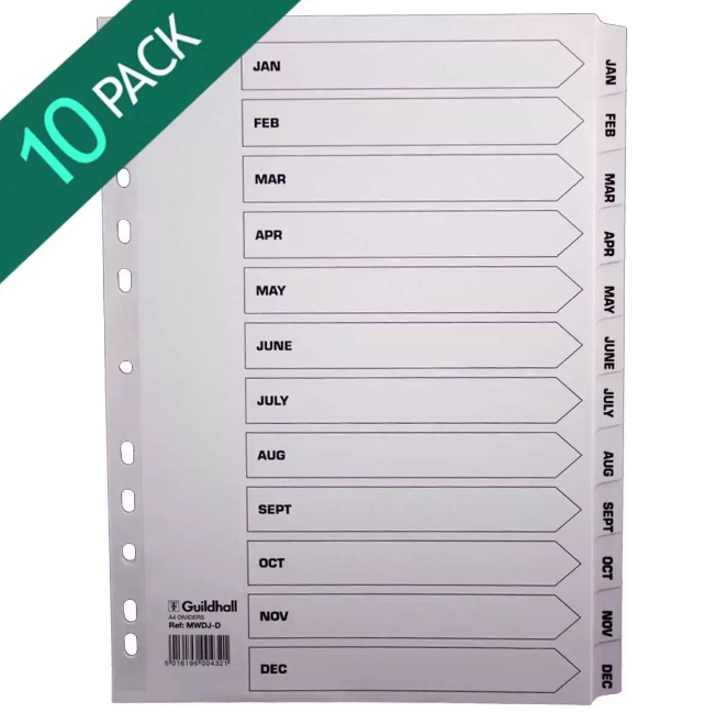 Guildhall A4 White Jan-Dec 12 Tabs Dividers (10 Pack of 12 Dividers)