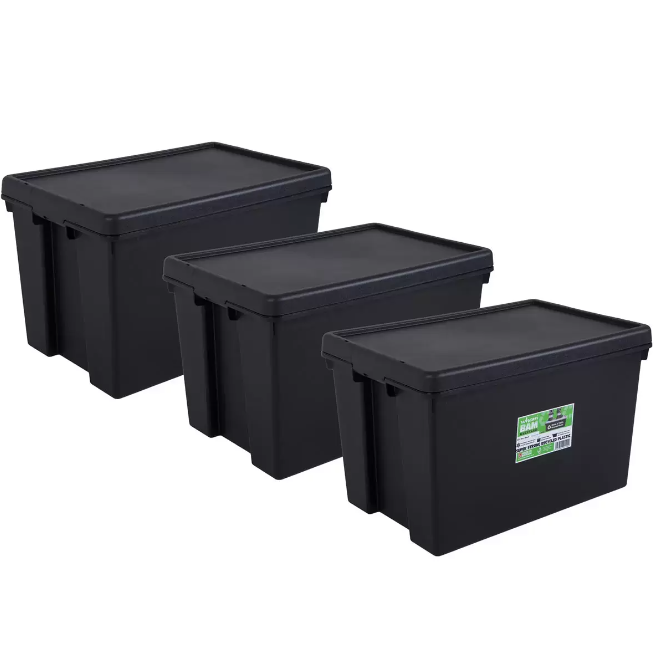 Wham Bam 62 Litre Recycled Heavy Duty Plastic Storage Box & Lid in Black (3 Pack)