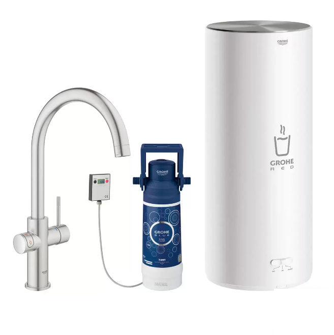 GROHE RED 3-in-1 Hot Water Home Kitchen Tap, Supersteel C-Spout with 7 Litre Boiler - Model 30328DC1