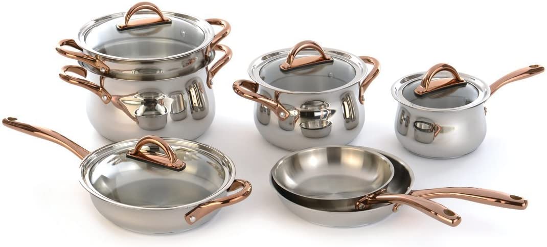 BergHOFF 11 Piece Ouro Cookware Set with Gold Handles and Glass Lids, Silver/Rose