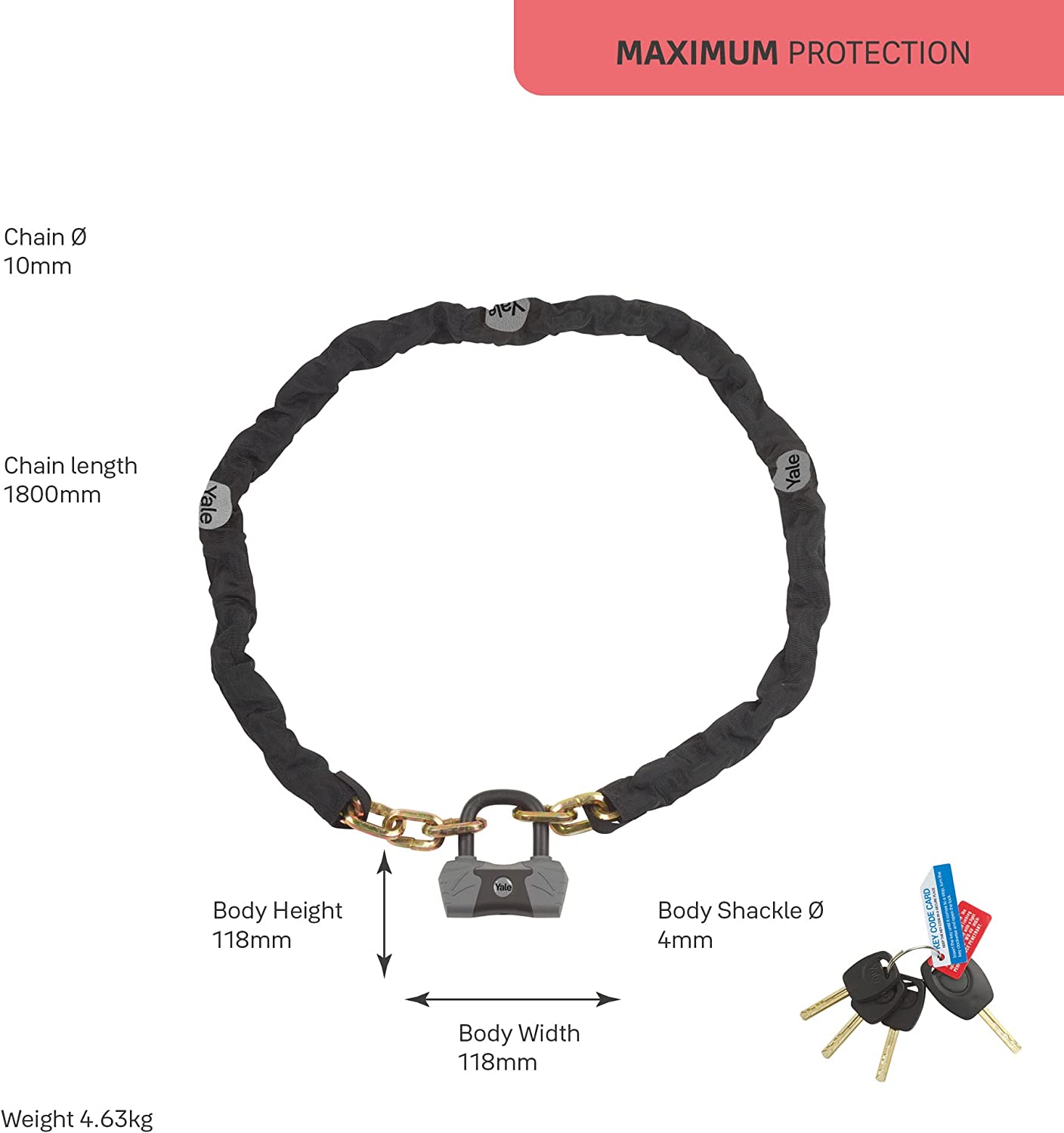 Yale 1.8m Maximum Security Chain Bike Lock with 4 Keys