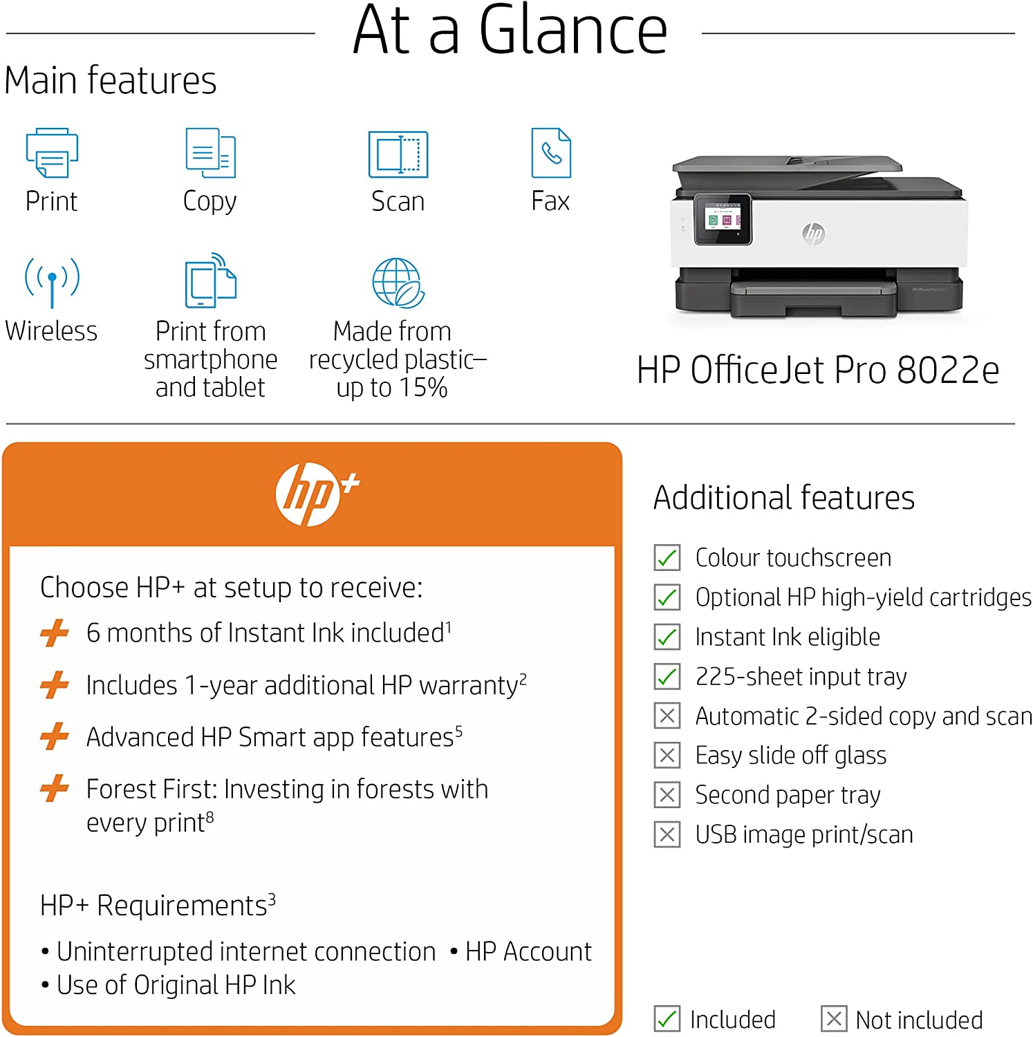 HP OfficeJet 8022e All in One colour printer with 6 months of Instant Ink with HP+, Black/White