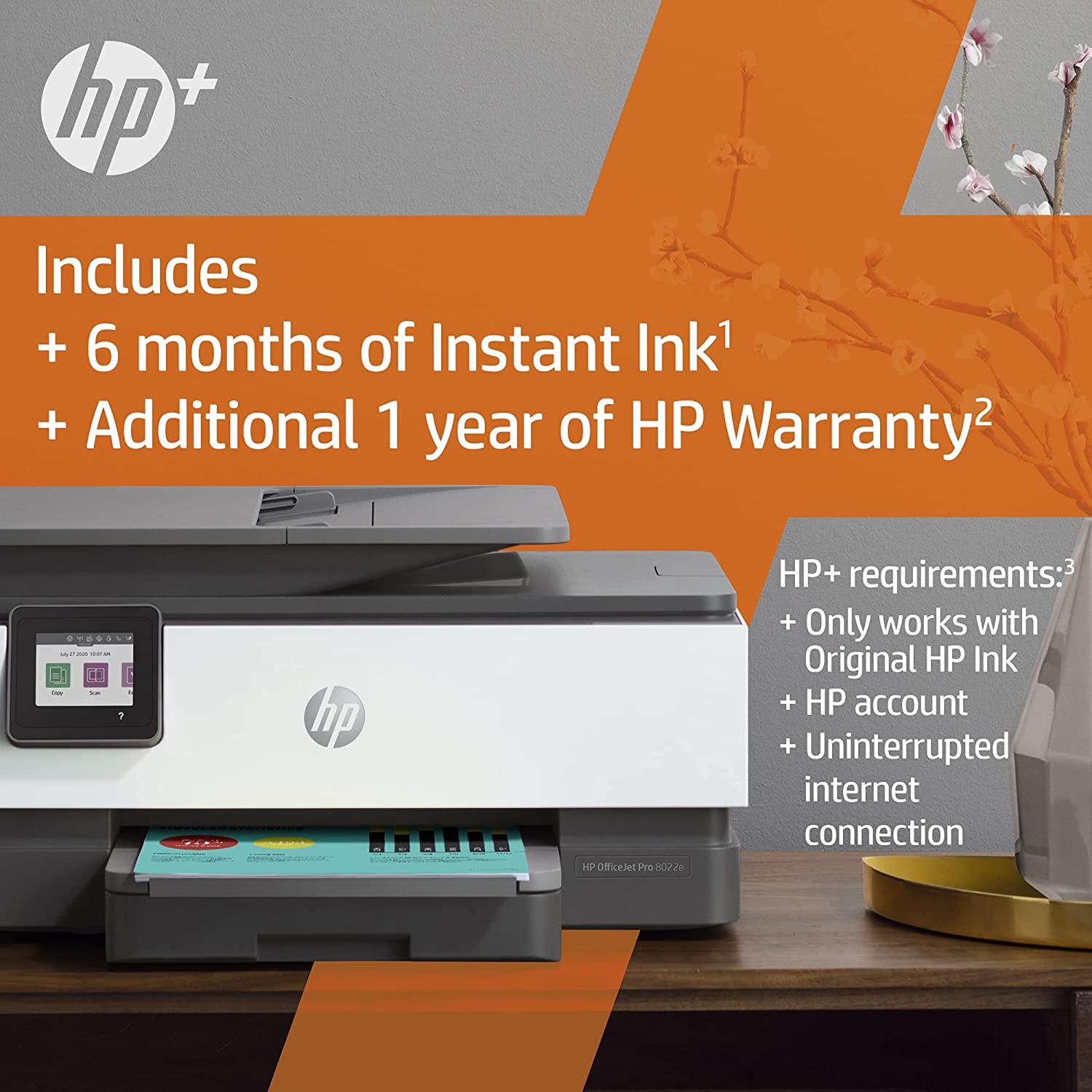 HP OfficeJet 8022e All in One colour printer with 6 months of Instant Ink with HP+, Black/White