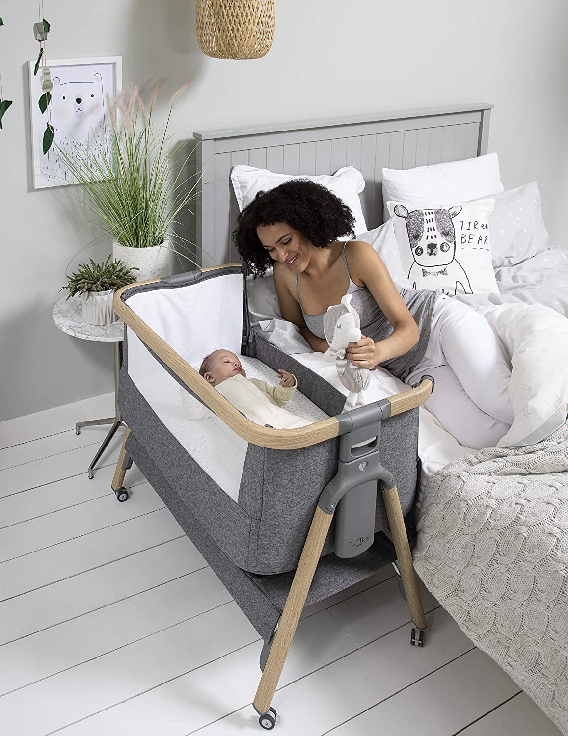 Tutti Bambini CoZee Air Bedside Rocking Crib, Oak and Charcoal