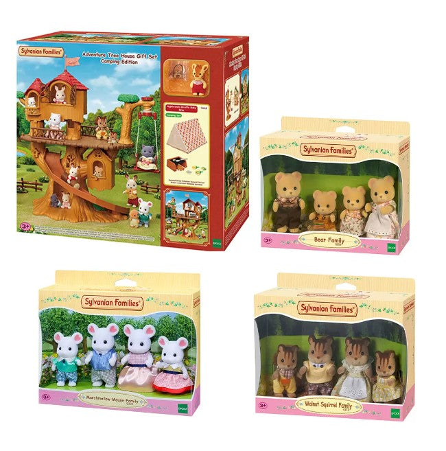 Sylvanian Families Adventure Tree House Gift Set Camping Edition & 3 Family Bundle Sets (3+ Years)