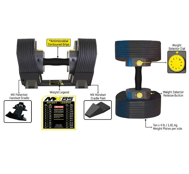 MX SELECT MX30 Adjustable Dumbbells 3.4-13.9kg with Weight Cradles