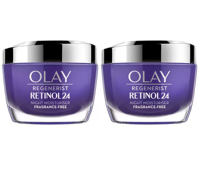 Olay Regenerist Retinol Night Cream, Unique Formula With Retinol & Vitamin B3, 14 Sleep To Smooth & Glowing Skin, 2 x 50ml