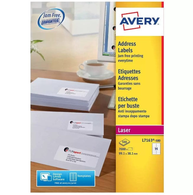 Avery Address Labels 38.1 x 99.1mm, L7163-500, Pack of 7000