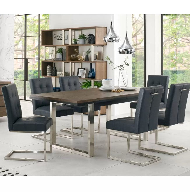 Bentley Designs Tivoli Dark Oak 6-8 Seater Dining Table & 6 Tivoli Mottled Black Faux Leather Upholstered Cantilever Chairs