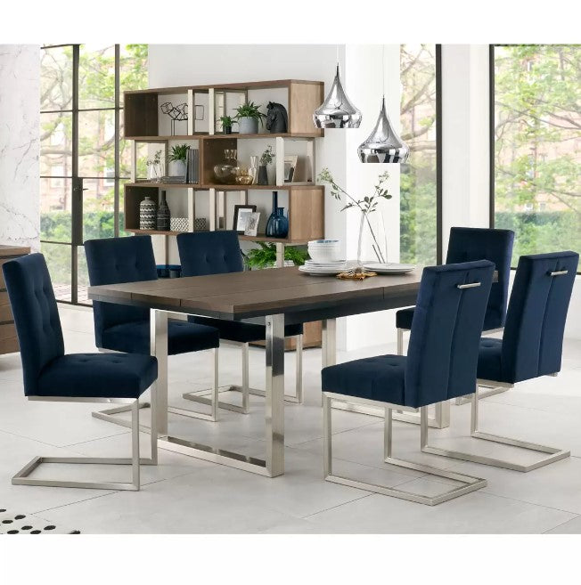 Bentley Designs Tivoli Dark Oak 6-8 Seater Dining Table & 6 Tivoli Mottled Navy Faux Leather Upholstered Cantilever Chairs