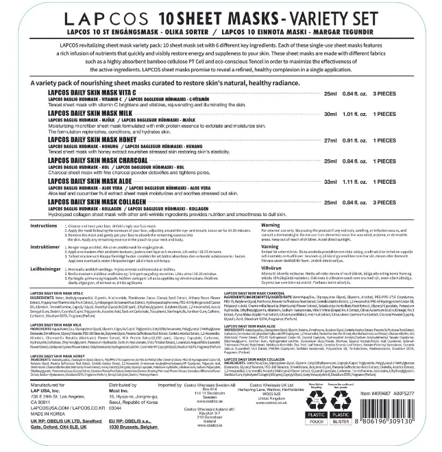 Lapcos Sheet Mask Variety, 10 Pack