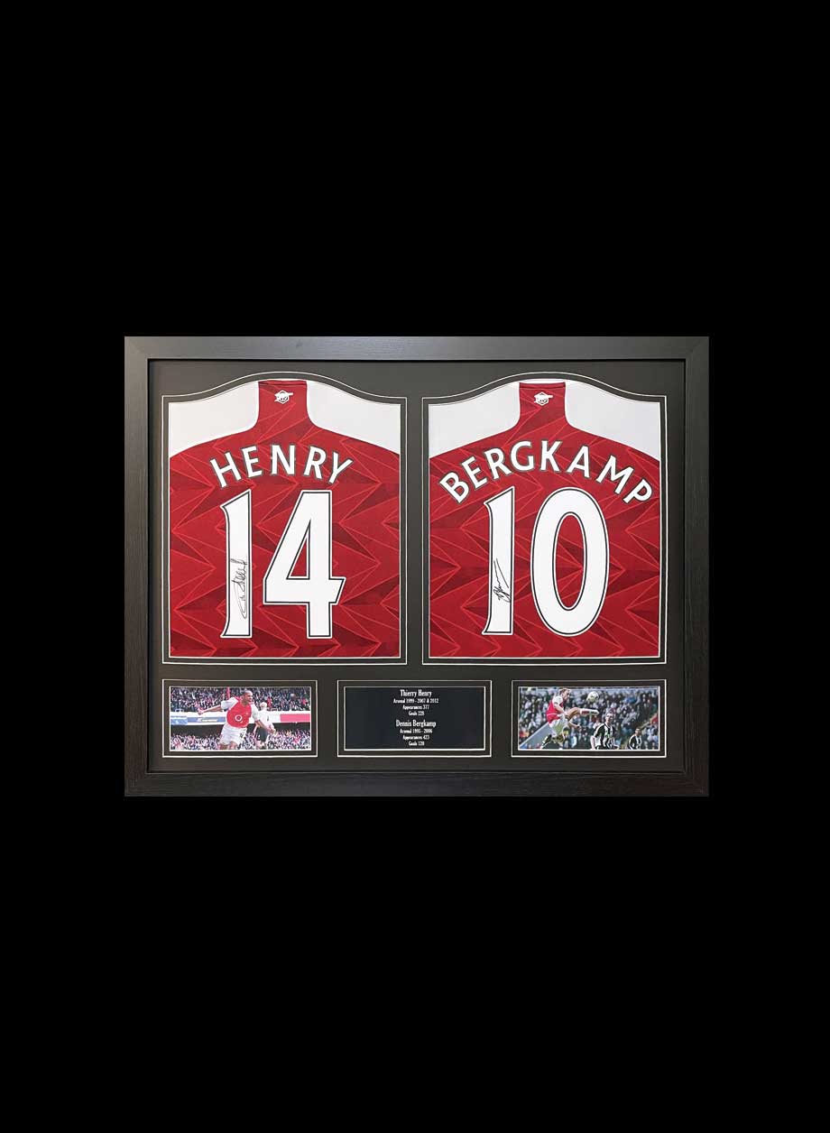 Thierry Henry & Dennis Bergkamp Signed Framed Arsenal Football Shirts